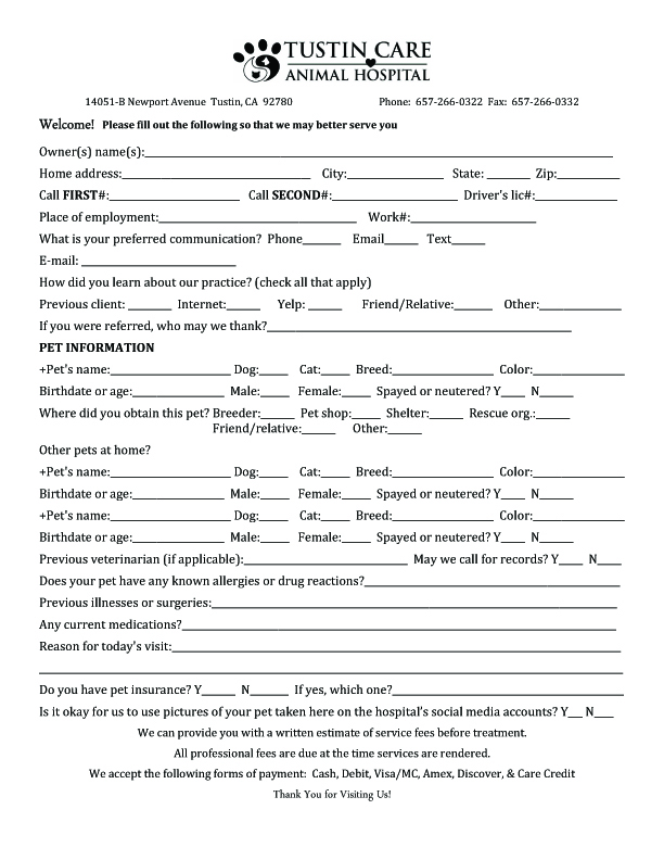 tustin Care Animal Hospital Client Form